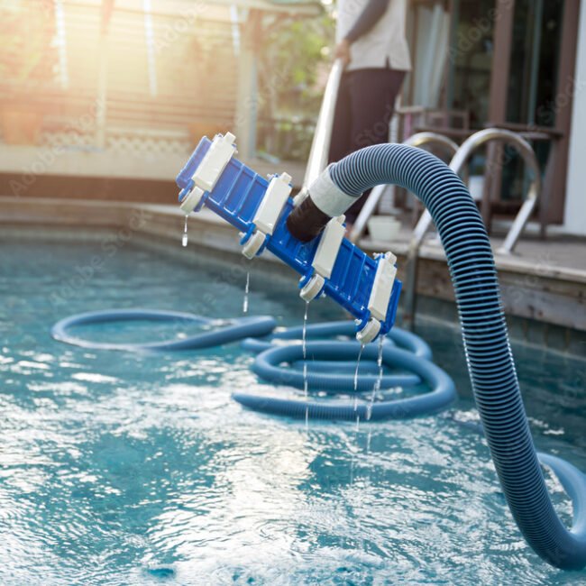 Man cleaning swimming pool with vacuum tube cleaner