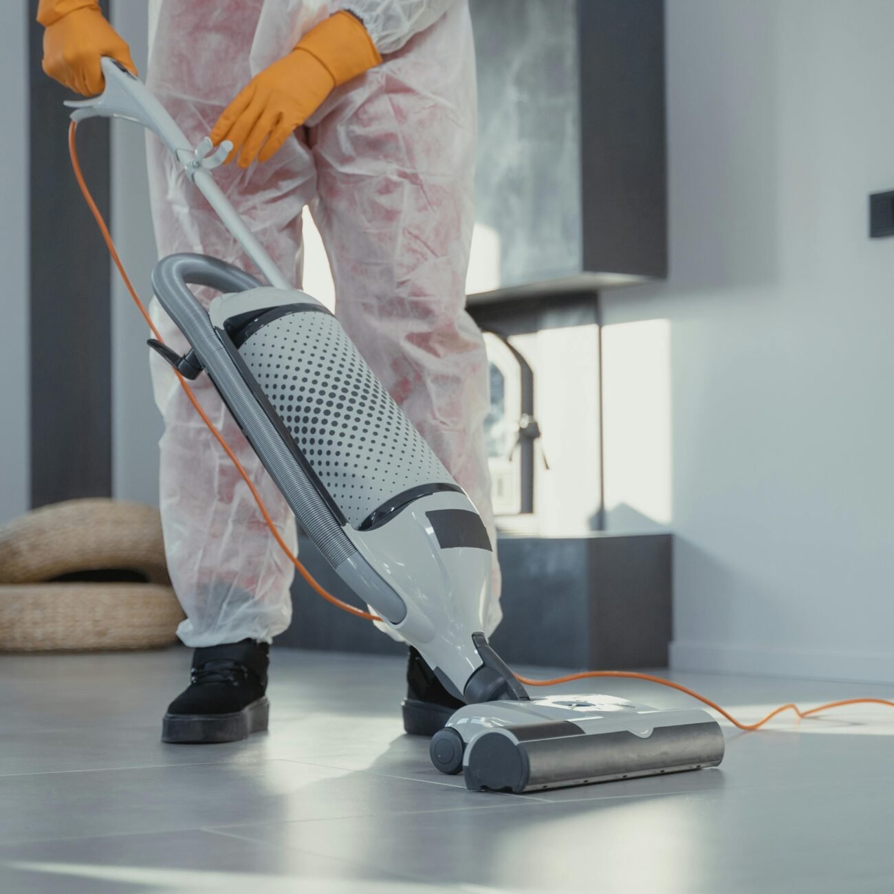 Person using a vacuum on floor tiles